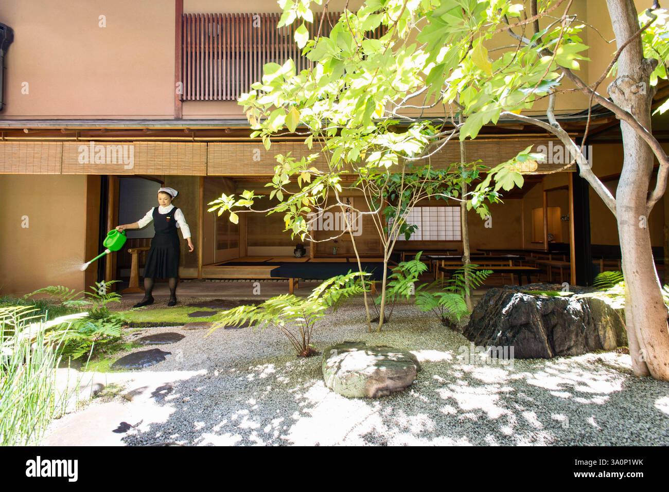 Am 18. Mai 2017 bewässert ein Mitarbeiter den Innengarten des traditionellen japanischen Süßwarengeschäfts Tsuruya Yoshinobu in Kyoto. Stockfoto