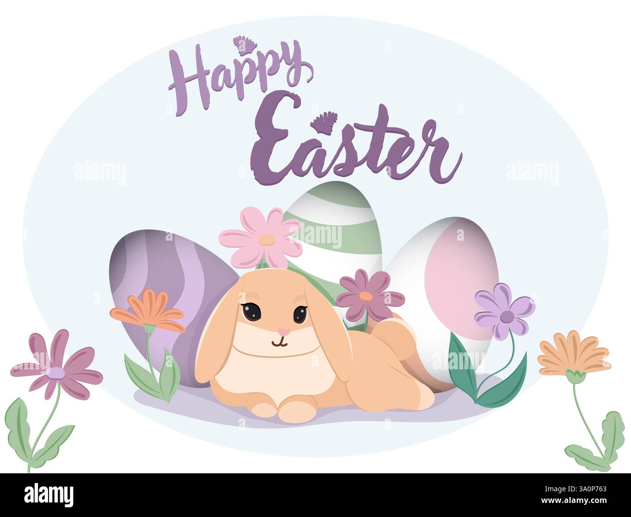 Happy easter Card mit einem süßen Häschen und dekorierten Eiern Stock Vektor