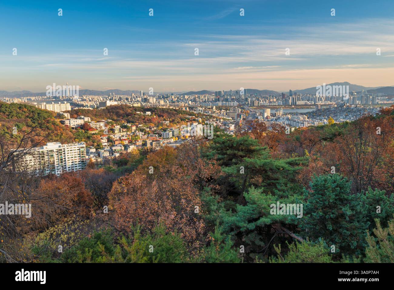 Seoul, Südkoreas Skyline und Blick auf den Han River vom Namsan Mountain im Herbst Stockfoto