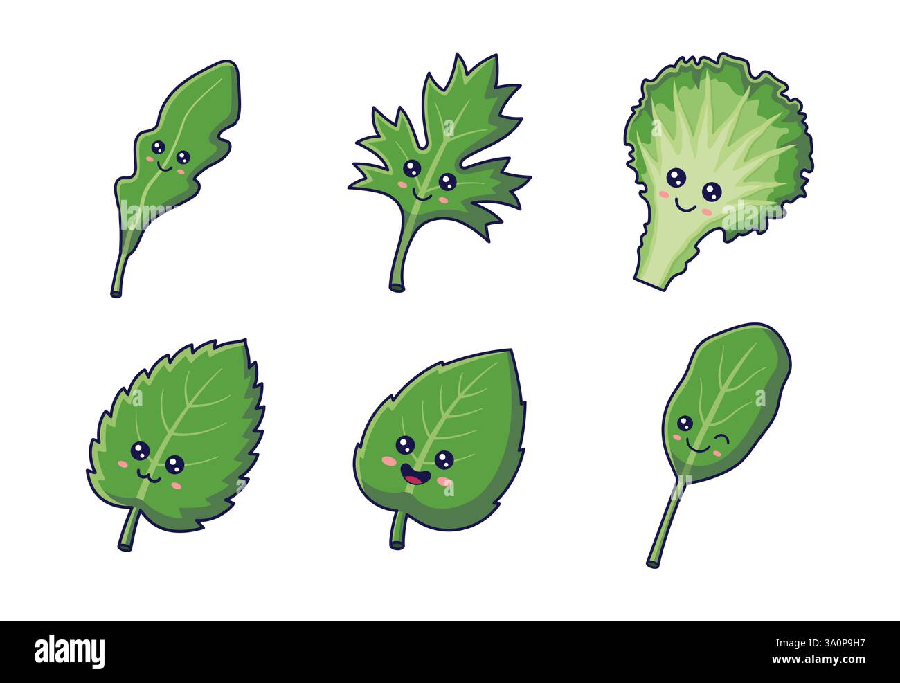 Frische Kräuter. Süße Kawaii Kräuter Charaktere, Blätter, Arugula Zweige, Minze, Basilikum, Spinat, Salat. Aufkleber mit Vektor-Zeichentricksymbolen. Kräuter-Kollektion Stock Vektor