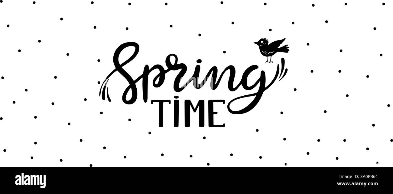 Schwarzer Hintergrund mit Frühlingsbeschriftung. Doodle Bird and Dots, handgeschriebener saisonaler Satz. Abstrakte Vektorvorlage für Einladung, Poster oder Werbebanner Stock Vektor