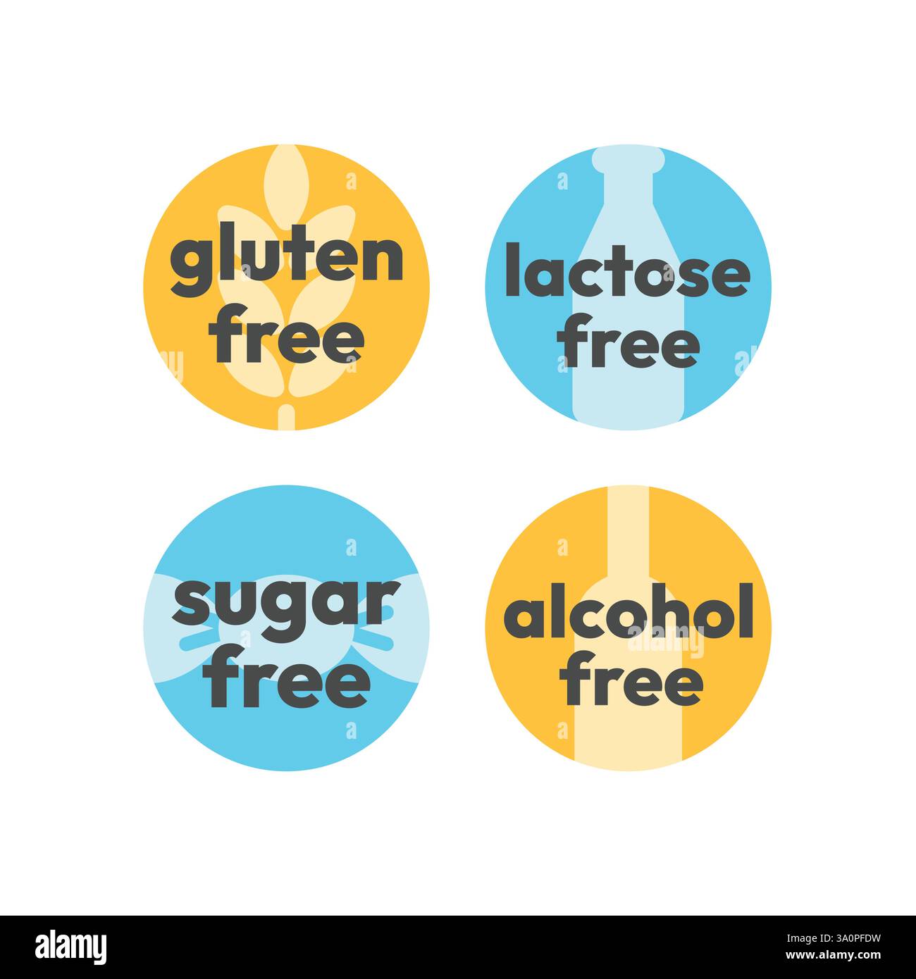Gluten- und laktosefreies Vektorlabel-Set. Alkohol- und zuckerfreie Etiketten oder Aufkleber. Stock Vektor