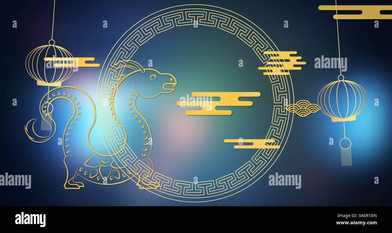 Bild von traditionellen chinesischen Symbolen auf blauem Hintergrund Stockfoto