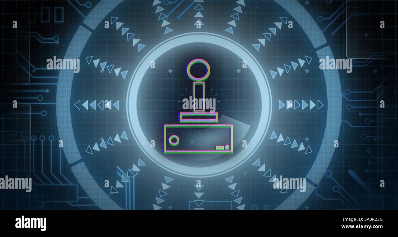 Joystick-Symbol mit geometrischen Formen und digitalen Symbolen in blauem Bild Stockfoto
