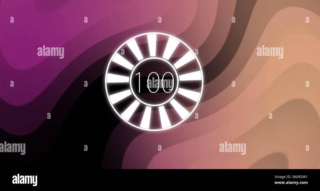 Bild eines Kreises mit Zahlen, die auf 100 über dem Neonmuster-Hintergrund wachsen Stockfoto