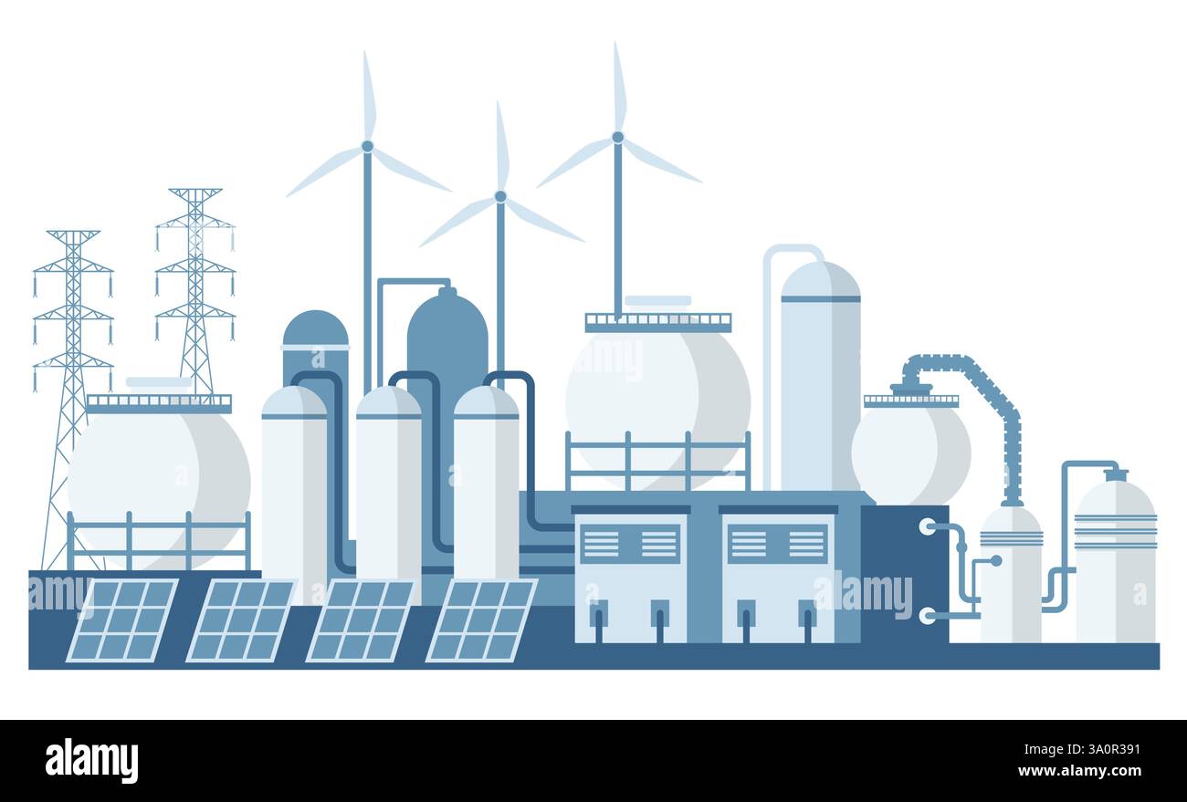Erzeugung von grünem Wasserstoff H2 aus erneuerbaren Energiequellen. Industriegebiet. Vektorabbildung Stock Vektor