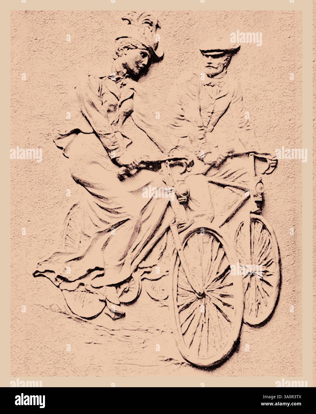 Ein altes Reliefbild eines edwardianischen Paares, das Rad fährt Stockfoto