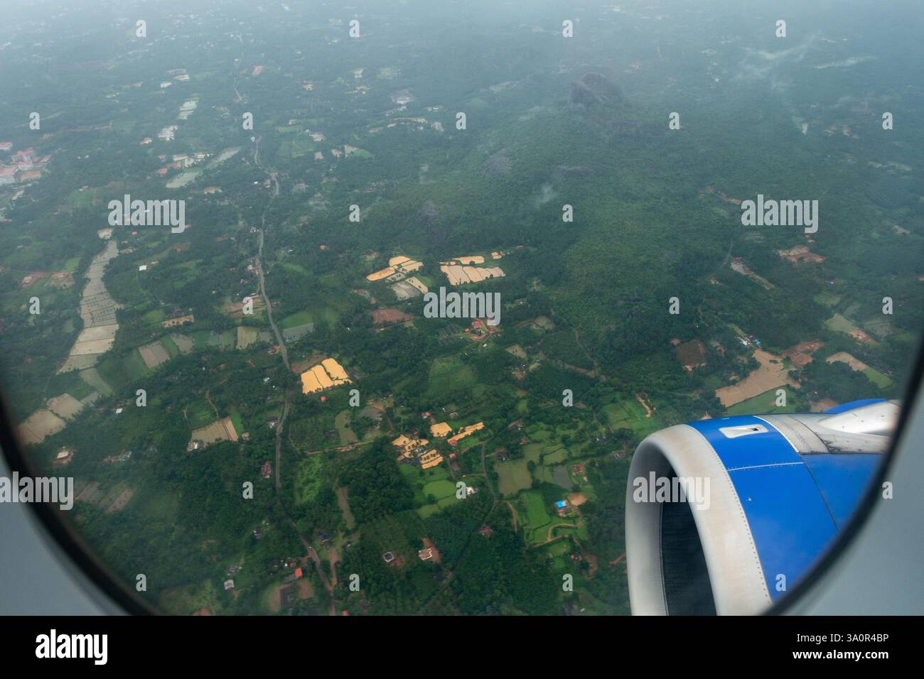 Üppige grüne Landschaft und Regenwasser gefüllte Felder während der Monsunsaison, wie man vom Fenster eines Flugzeugs aus gesehen sehen kann, das auf der Mangaluru Inte landet Stockfoto