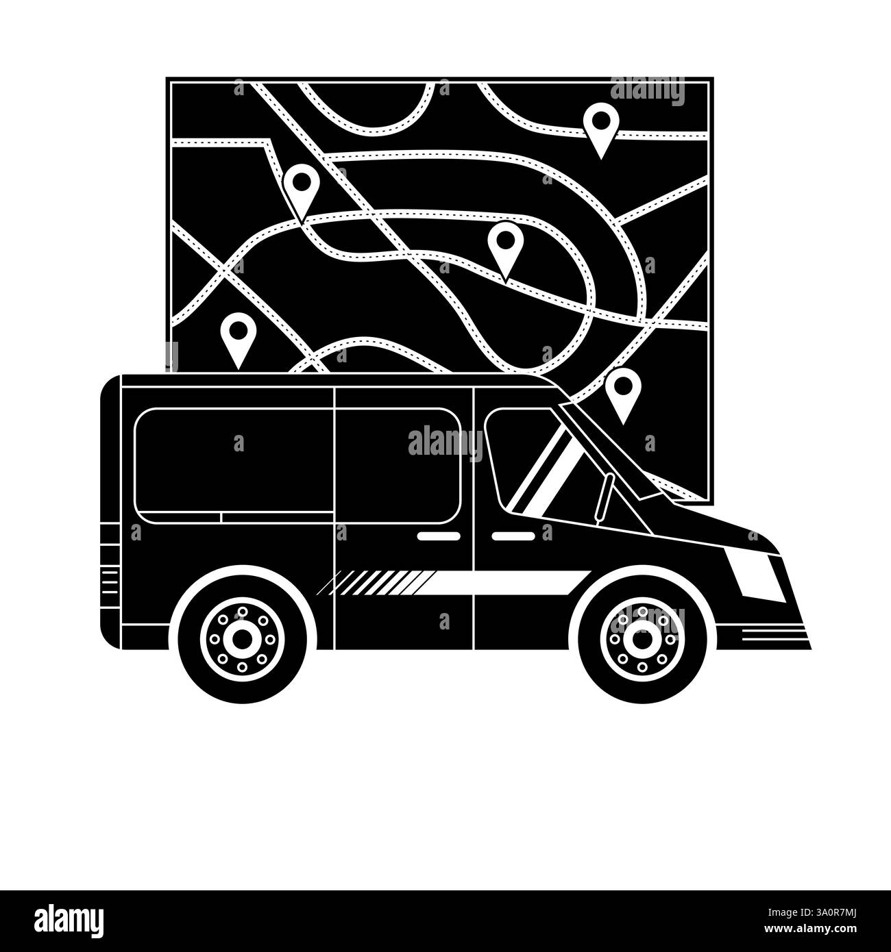 Lieferfahrzeuge transportieren Waren entlang der Routenkarte. Illustration des Konzepts des E-Commerce. Stock Vektor
