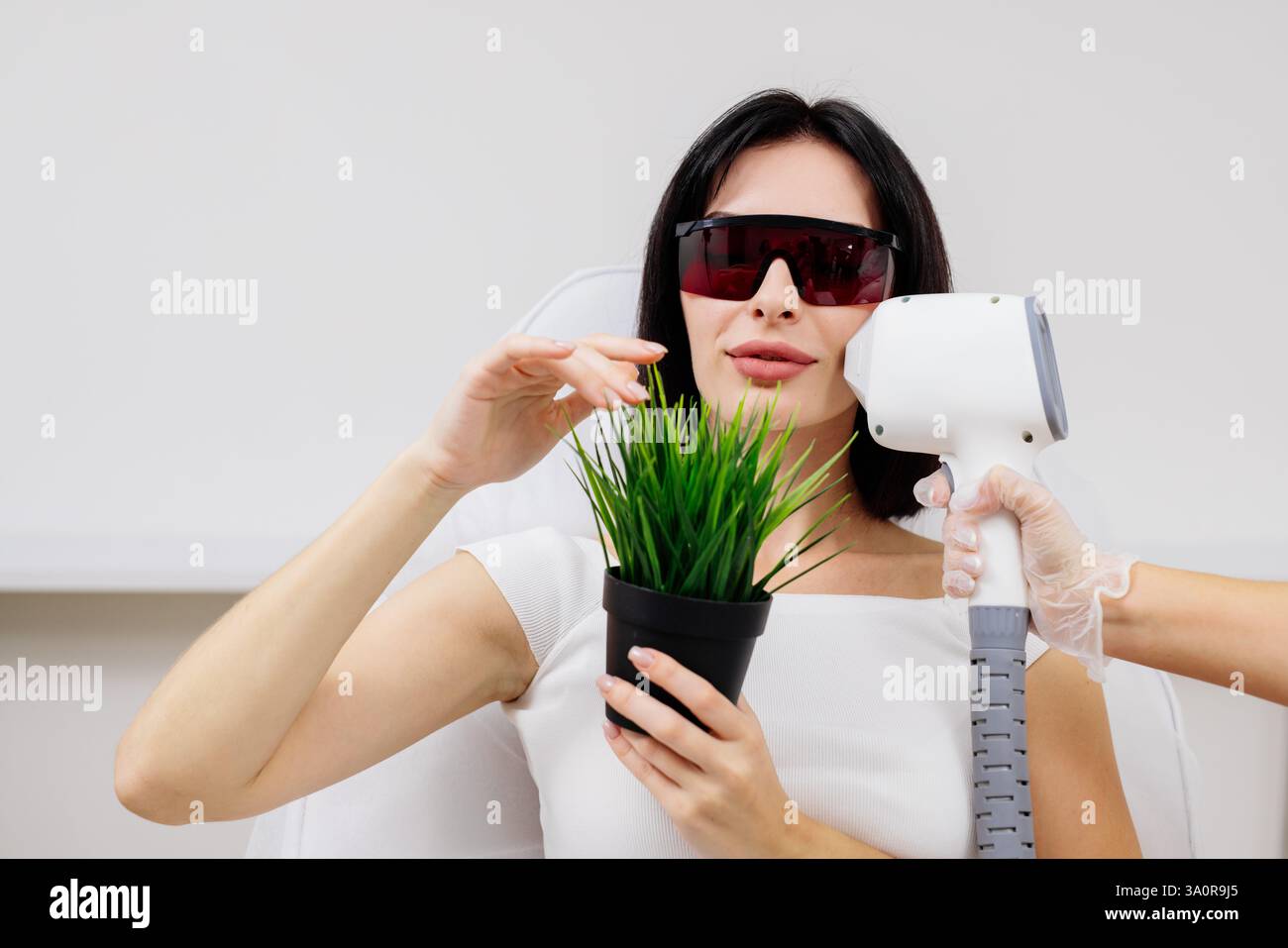 Eine zufriedene Frau, die sich einer Laser-Haarentfernung unterzieht, hält eine grüne Pflanze in den Händen. Haarentfernungskonzept. Das Verfahren zur Entfernung unerwünschter Vegetation Stockfoto Eine zufriedene Frau, die sich einer Laser-Haarentfernung unterzieht, hält eine grüne Pflanze in den Händen. Haarentfernungskonzept. Das Verfahren zur Entfernung unerwünschter Vegetation Stockfoto