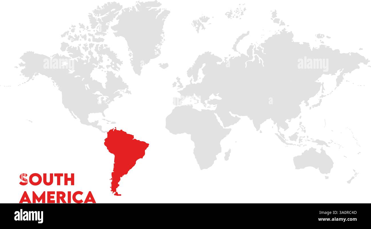Karte von Südamerika, markiert auf der Weltkarte, Südamerika auf der Weltkarte, Satellitenansicht, Standort Südamerika auf der Welt. Stock Vektor