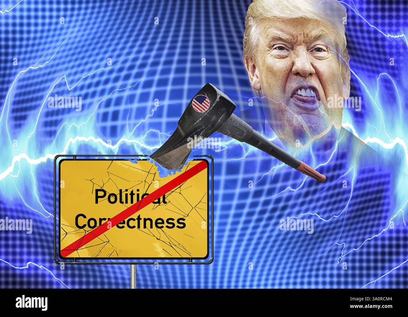 Symbolisches Image, politische Korrektheit, Ukraine, Rußlandkrieg, EU, Deutschland und die Weltwirtschaft unter US-Diktat, Wolodimir Selensky, Donald Trump, Zoll Stockfoto