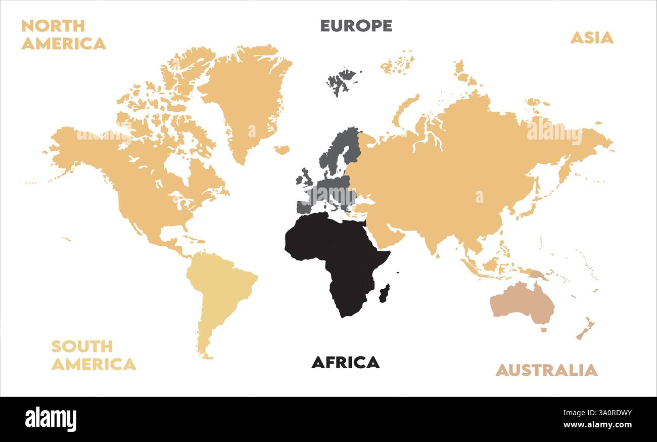 Weltkarte, mit Containment-Name, moderne Weltkarte Grafik, Länder Silhouetten Stock Illustrationen, Vektoren Stock Vektor
