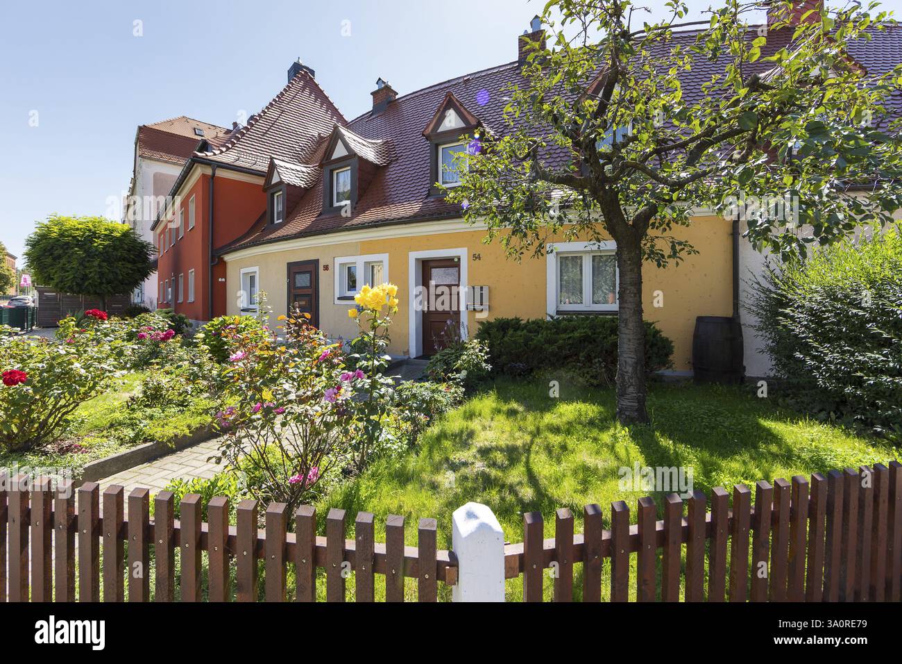 Vorgarten eines kleinen Reihenhauses, halbkreisförmige Reihenhäuser an der Frauensteiner Straße, Freiberg, Sachsen, Deutschland, Europa Stockfoto