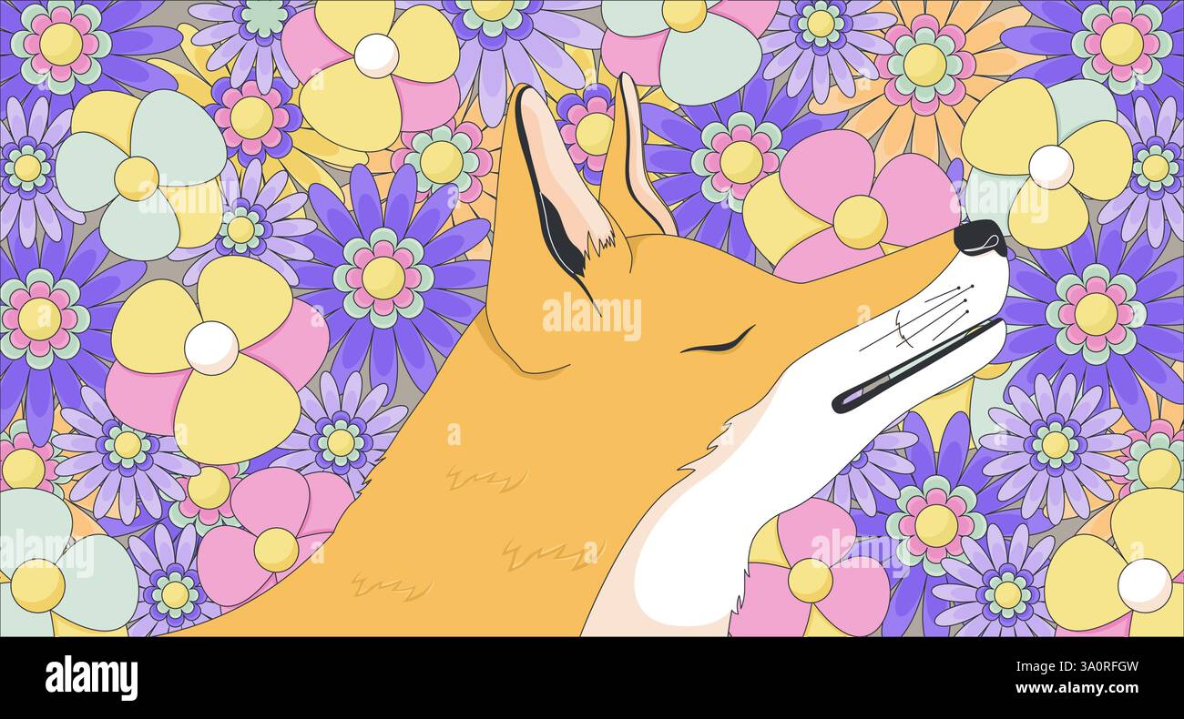 Traumhafter Fuchs in floralem Paradies-Lofi-Tapete Stock Vektor