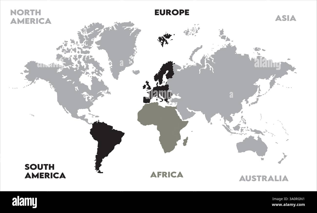 Weltkarte, mit Containment-Name, moderne Weltkarte Grafik, Länder Silhouetten Stock Illustrationen, Vektoren Stock Vektor