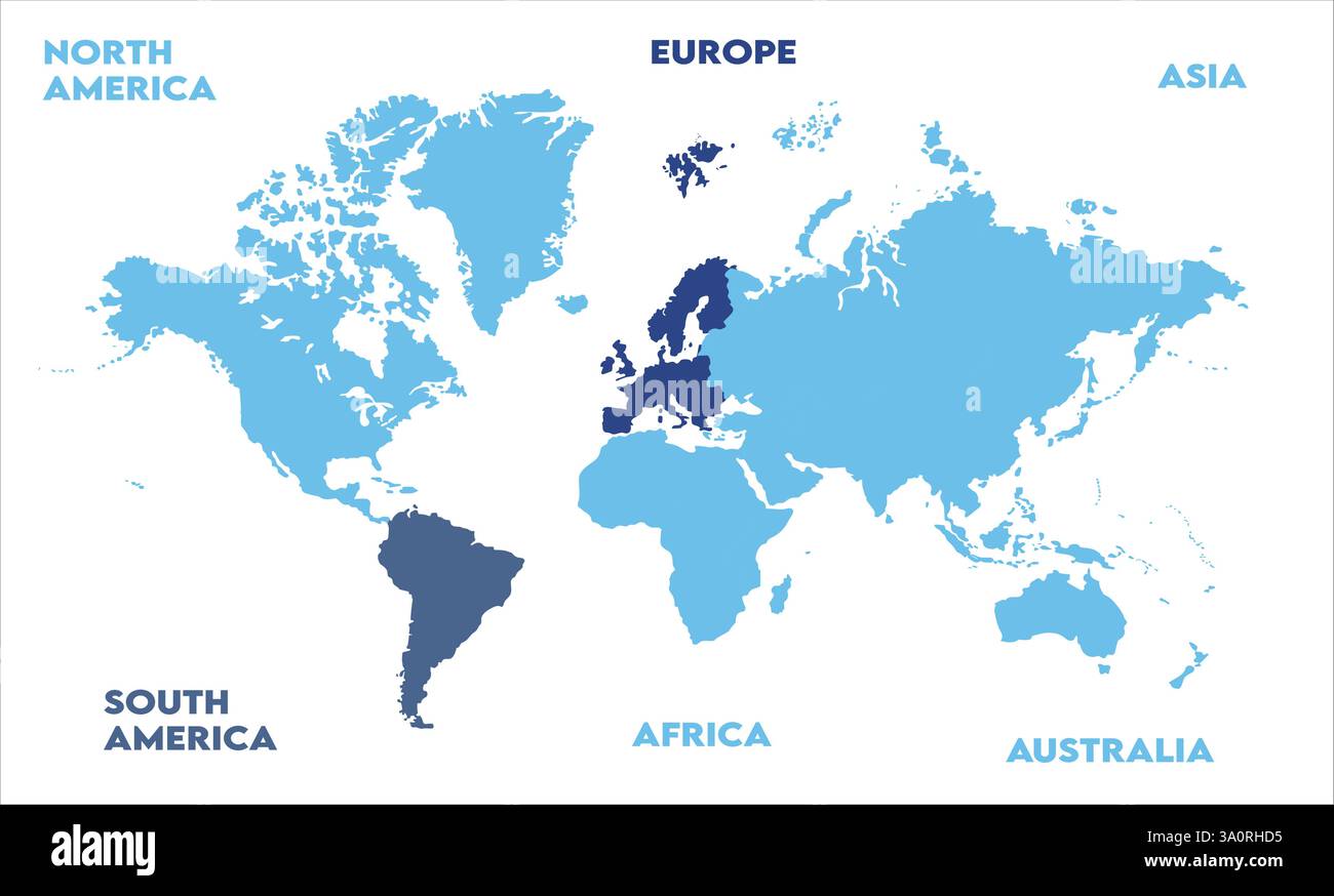 Weltkarte, mit Containment-Name, moderne Weltkarte Grafik, Länder Silhouetten Stock Illustrationen, Vektoren Stock Vektor