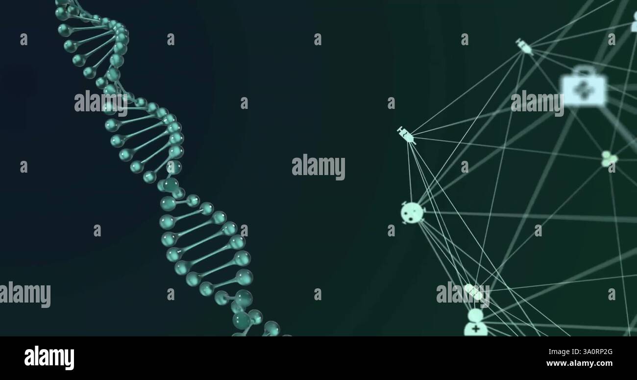 Abbildung des Netzwerks von Verbindungen mit Symbolen über dna-Strang Stockfoto