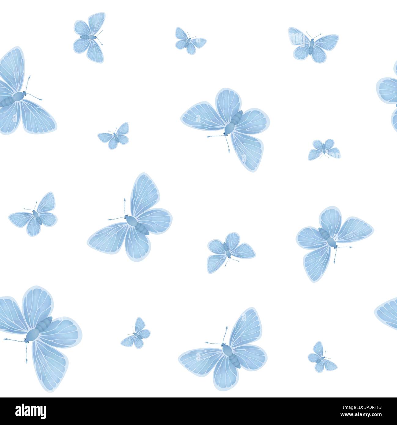 Hellblaue Schmetterlingsmuster. Zarte handgezeichnete Illustration im Aquarellstil. Niedlicher Hintergrund für Druck und Textildesign. Stockfoto