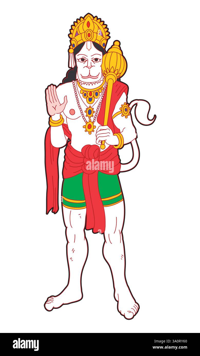 Art Hanuman (हनुमान्), auch bekannt als Maruti, Bajrangabali oder Anjaneya, eine Gottheit im Hinduismus, verehrt als göttliche Vanara, im Zentrum des Ramayana, Stockfoto