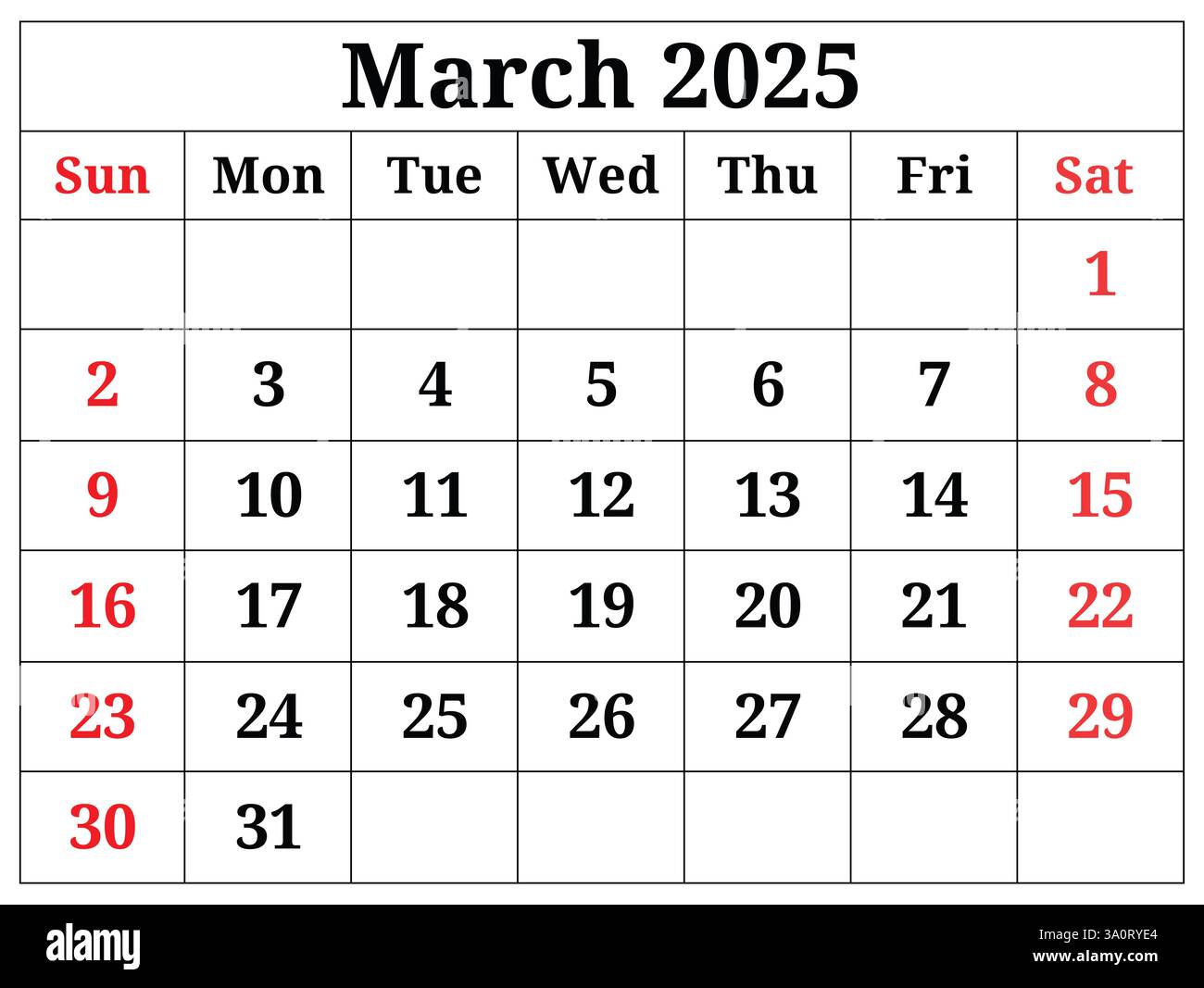 März 2025 ENGLISCHER Frühjahrskalender. Abbildung. Monatliche Planung Stockfoto