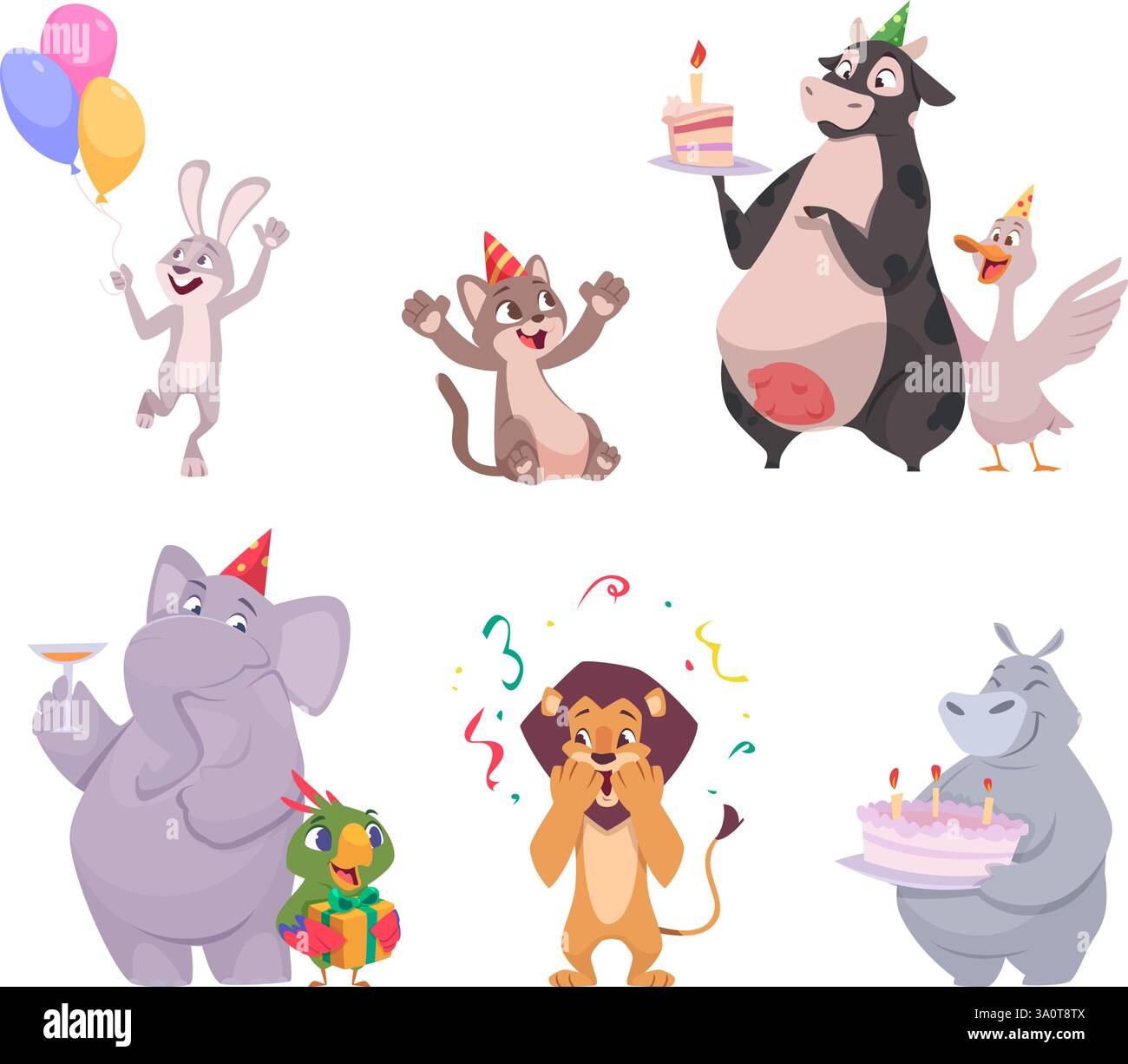 Tiergeburtstag. Niedliche und lustige Tiere in Aktion Posen Happy Feier essen Kuchen mit Kerzen exakte Vektor Illustrationen Set Stock Vektor