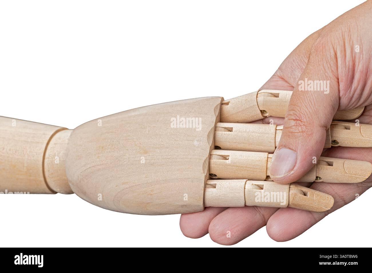Handshake zwischen menschlichen Händen und Holzhänden ist ein Begrüßungskonzept auf weißem Hintergrund. Stockfoto