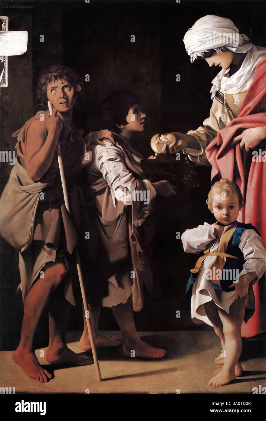 SCHEDONI, Bartolomeo (* 1578, Modena, d. 1615, Parma) die Wohltätigkeitsorganisation 1611 Öl auf Leinwand Museo Nazionale di Capodimonte, Neapel dieses Gemälde nimmt einen historischen Platz in der Sammlung Farnese ein. Es ist auch eines von Schedonis bekanntesten Werken. Der eher generische Titel reicht nicht aus, da die Leinwand eine echte Episode zu beschreiben scheint. Schedoni gab seinen Charakteren ein erstaunliches Maß an Konsistenz und Durchhaltevermögen. Der blinde Junge, der uns mit leeren Augen anstarrt, ist eines der stärksten Bilder, die jemals im 17. Jahrhundert produziert wurden. Wie immer zog Schedoni auch auf Correggios le zurück Stockfoto