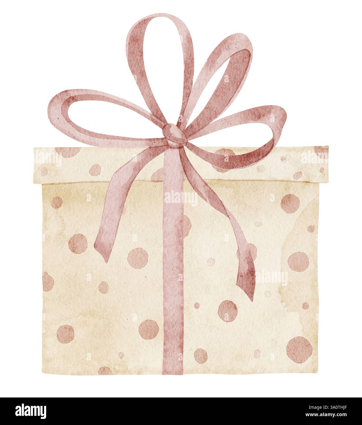 Aquarell Geschenkbox Illustration mit niedlichem Punktdesign und eleganter Schleife. Präsenzzeichnung für kindliche Geburtstagskarten in Pastellfarben oder Kinderfestveranstaltungen. Kunst für Kinder Einladungen. Stockfoto