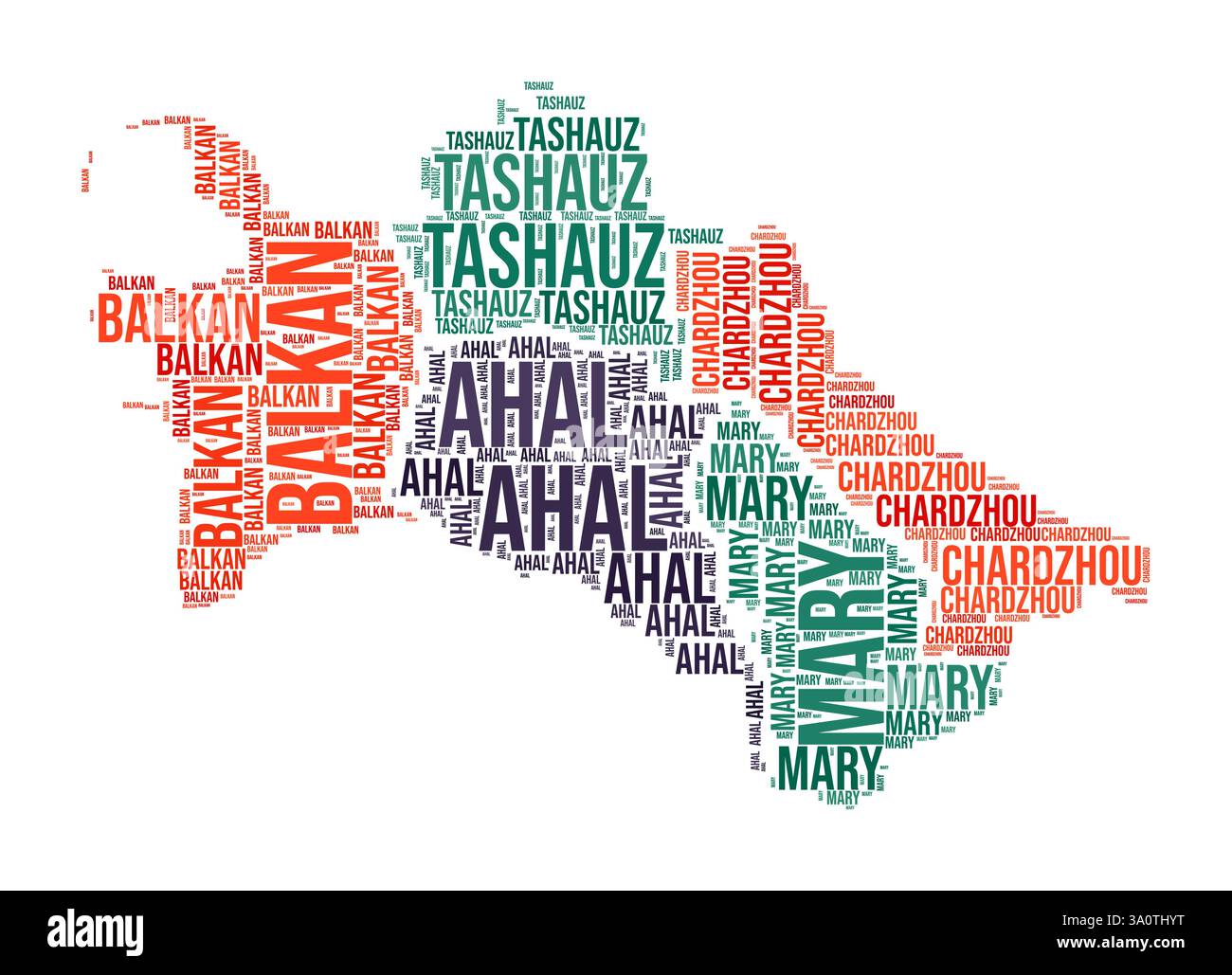 Turkmenistan Word Cloud. Länderform mit Gebietseinteilung. Turkmenistan Typografie-Stil Bild. Bereichsnamen kennzeichnen Wolken. Vektorabbildung. Stock Vektor