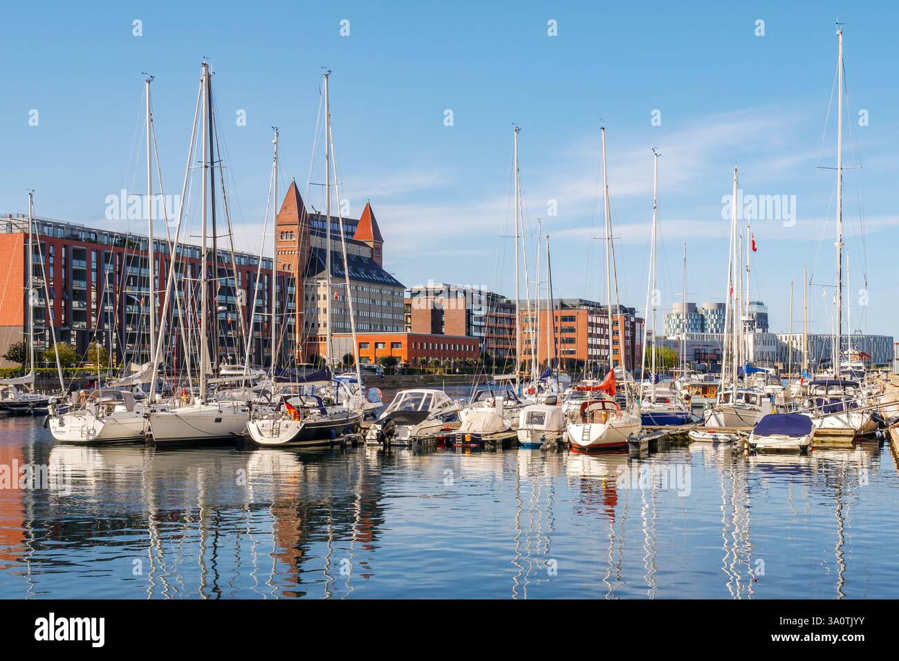 Moderne Bürogebäude entlang der Amerikakaj und des Yachthafens im Westbecken des südlichen Freihafens, Nordhavn, Kopenhagen, Dänemark Stockfoto