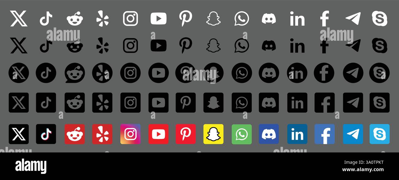 14 Logos, Symbole und Identitätssymbole großer Social-Media-Unternehmen mit jeweils fünf Varianten.x, YouTube, Facebook, LinkedIn, TikTok, Uneinigkeit, Telegramm Stock Vektor