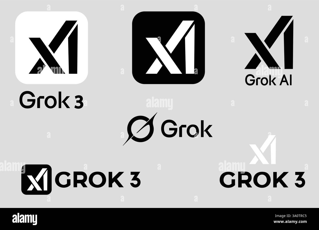 Logos und Symbole für die Unternehmensidentität von XAI Grok, Grok AI und Grok 3.x spiegeln Elon Musks fortschrittliche KI- und innovative Technologiemarke wider. Stock Vektor
