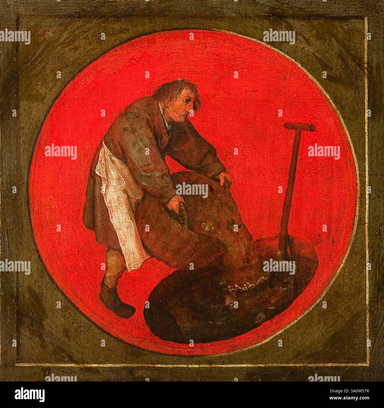 Er füllt den Brunnen, nachdem das Kalb ertrunken ist, (ergreift zu spät) (aus „zwölf Sprüche“), Gemälde in Öl auf Platte von Pieter Bruegel dem Älteren, 1558 Stockfoto