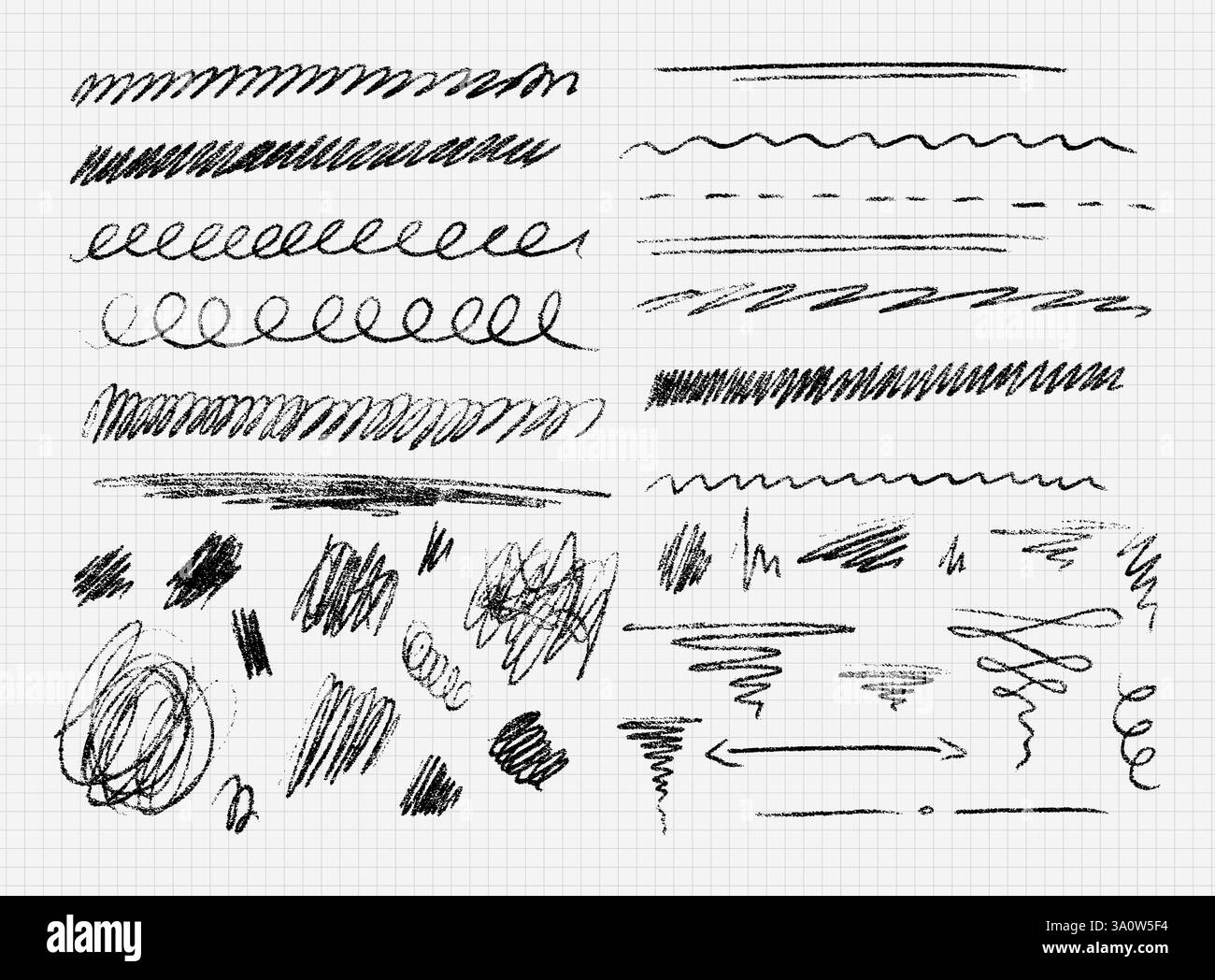 Satz mit verschiedenen schwarzen Pinselstrichen. Schmutzige wellenförmige Linien, Unterstriche, Kritzeleien, Handschriften, Flecken, zufällige Kritzeleien, die mit Tintenstift oder Bleistift gezeichnet wurden. Vektor i Stock Vektor
