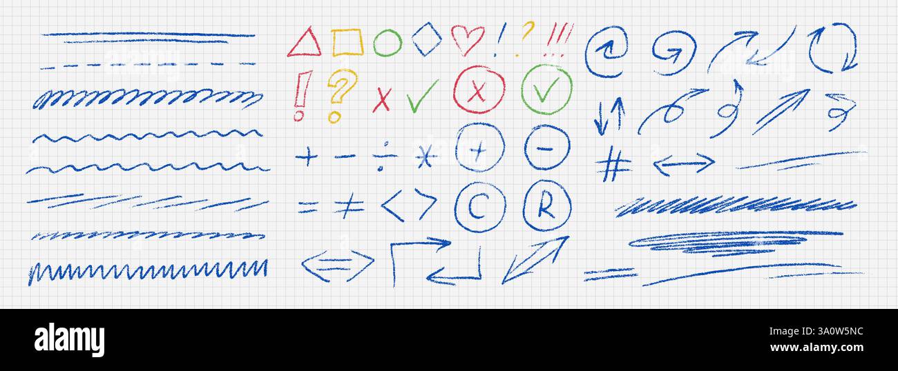 Farbpinselstriche eingestellt. Unvorsichtiges oder lässiges Schreiben mit Tintenstift oder Buntstift. Wellenlinien, Symbole, Kreuz, Häkchen, Fragezeichen, geometrisches Grundbild Stock Vektor