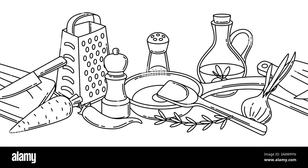 Muster mit Küchenutensilien. Kochwerkzeuge für zu Hause und Rezepte. Stock Vektor