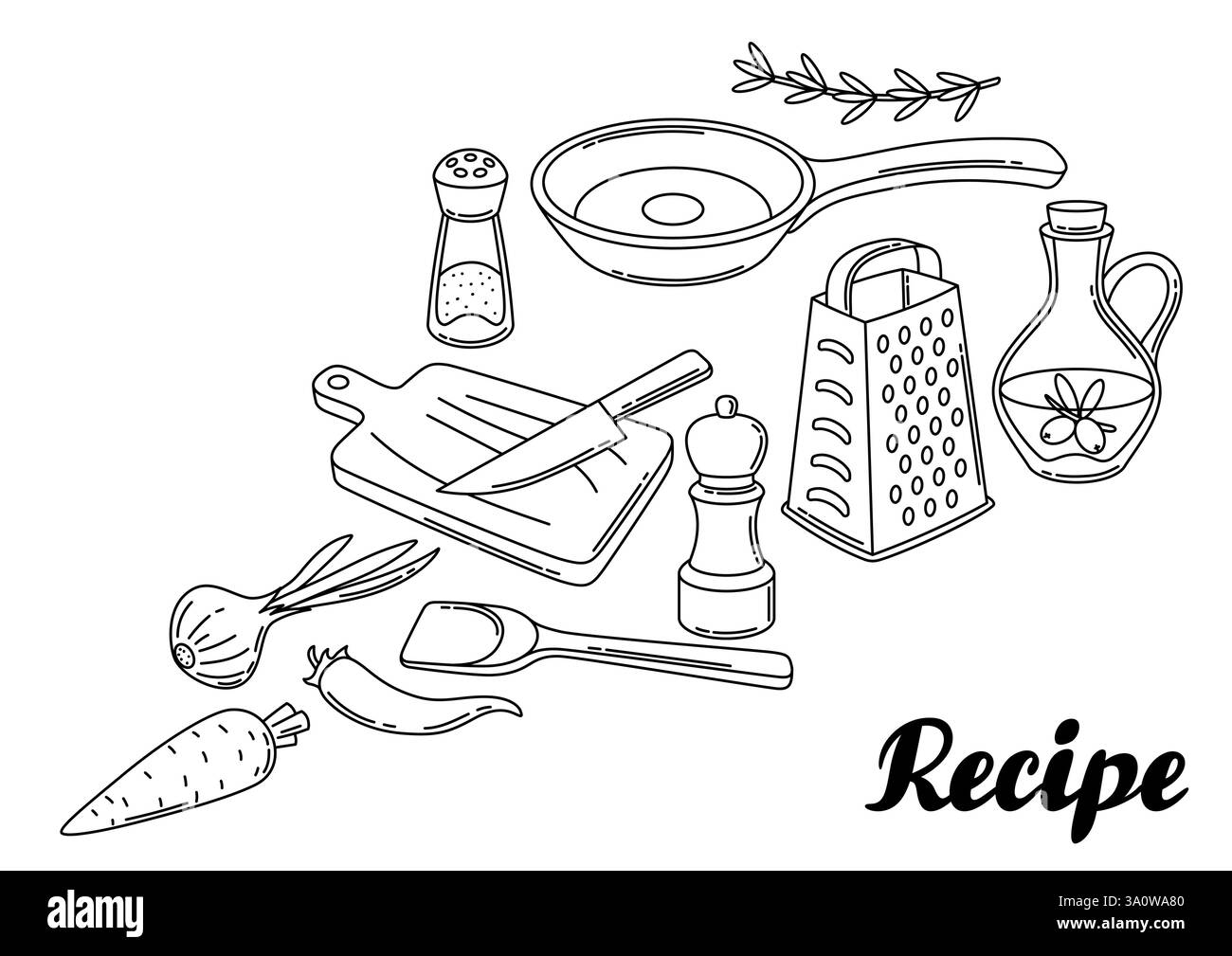 Hintergrund mit Küchenutensilien. Kochwerkzeuge für zu Hause und Rezepte. Stock Vektor