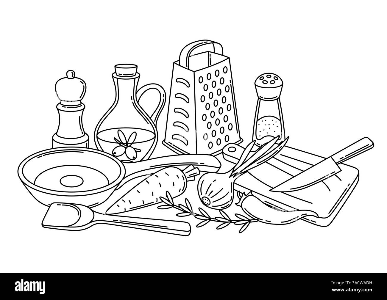 Hintergrund mit Küchenutensilien. Kochwerkzeuge für zu Hause und Rezepte. Stock Vektor