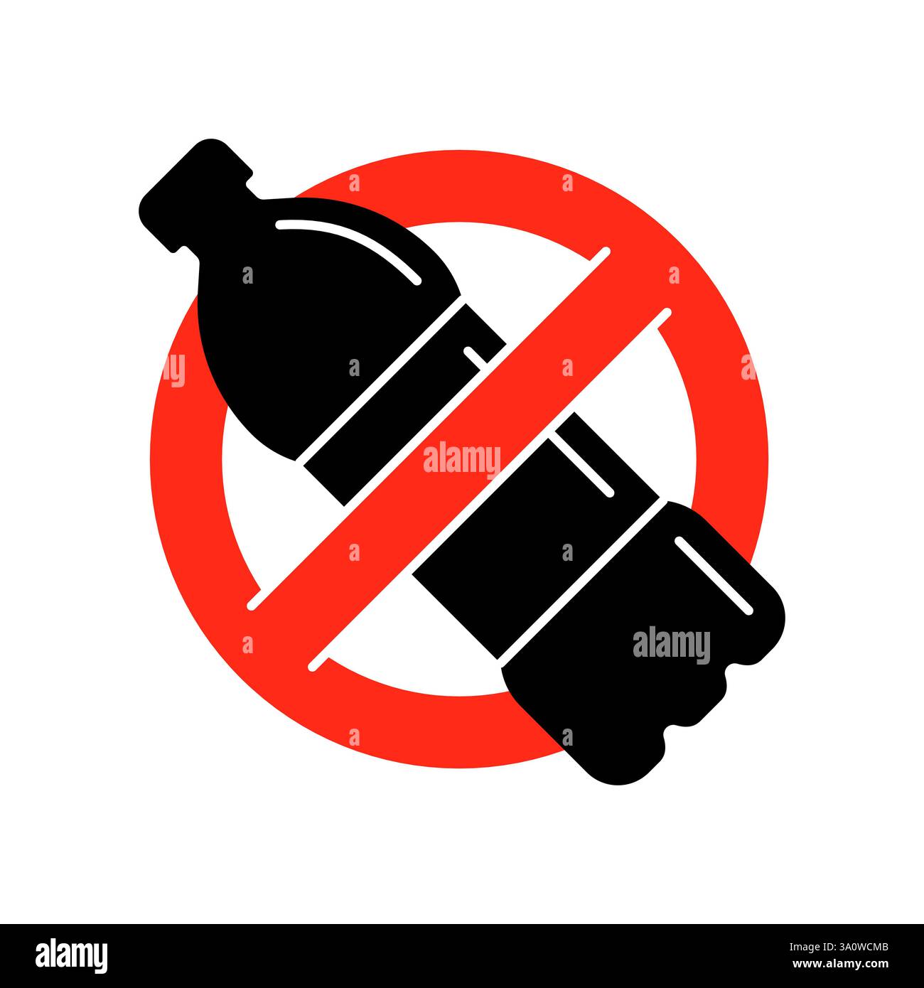 Vektorsymbol mit rotem Verbotsschild über Kunststoffflasche. Minimalistischer Outfit. Kein Symbol für Kunststoff, Umweltschutz, Abfallvermeidung und Verschmutzungsvermeidung. Umweltbewusstes Design. Stock Vektor