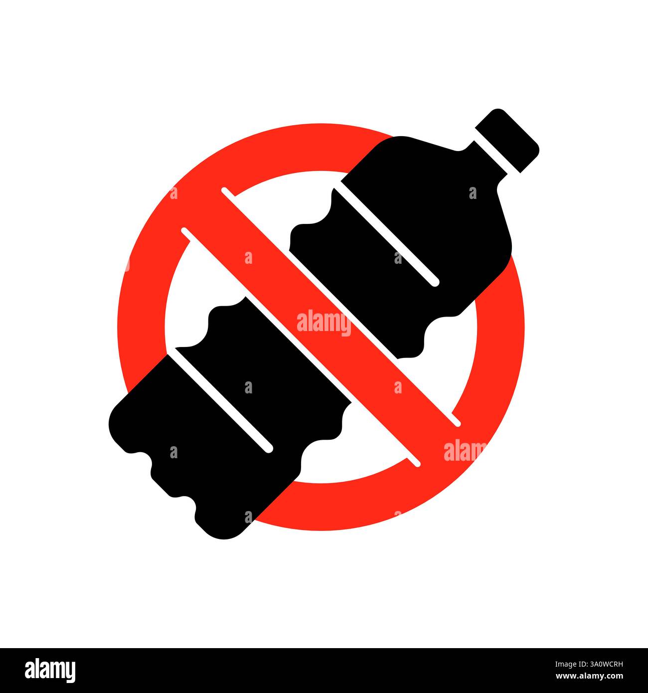 Rotes und schwarzes Verbotsschild auf der Plastikflasche. Symbol für Beschränkung der Verwendung von Kunststoff zum Umweltschutz. Abfall, Verschmutzung und ökologische Belange stoppen. Förderung der Erhaltung und Einsparung von Wasser Stock Vektor