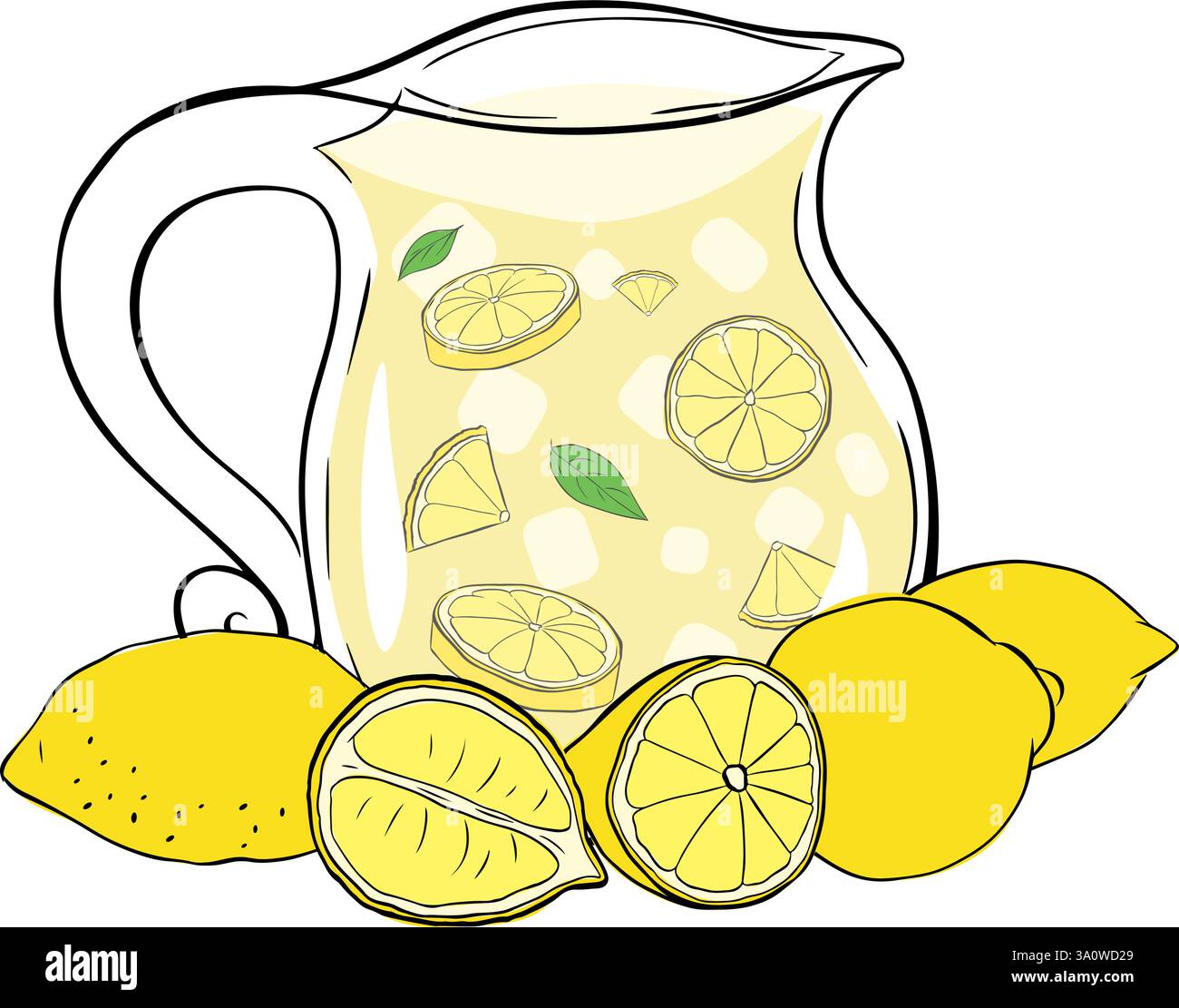 Limonade in einer Glaskanne mit Zitronenscheiben und Minzblättern. Illustration der grafischen Vektorfarbe isoliert auf transparentem Hintergrund Stock Vektor