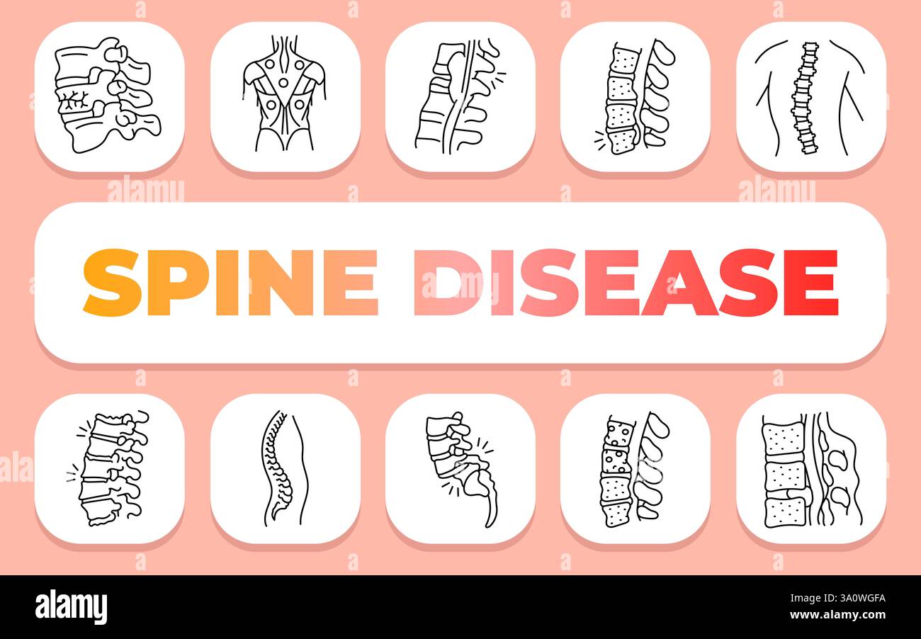 Textkonzept der Wirbelsäulenerkrankung. Shablon für Präsentationen und Infografiken. Minimale bereinigte Symbole für Apps und Websites. Stockfoto