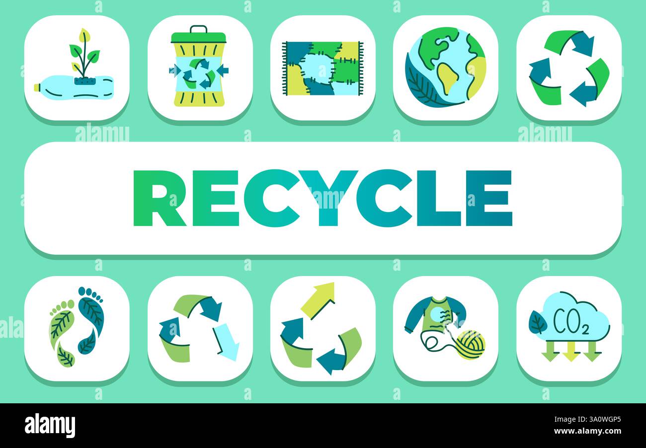 Konzept für Recycling-Text. Shablon für Präsentationen und Infografiken. Minimale bereinigte Symbole für Apps und Websites. Stockfoto