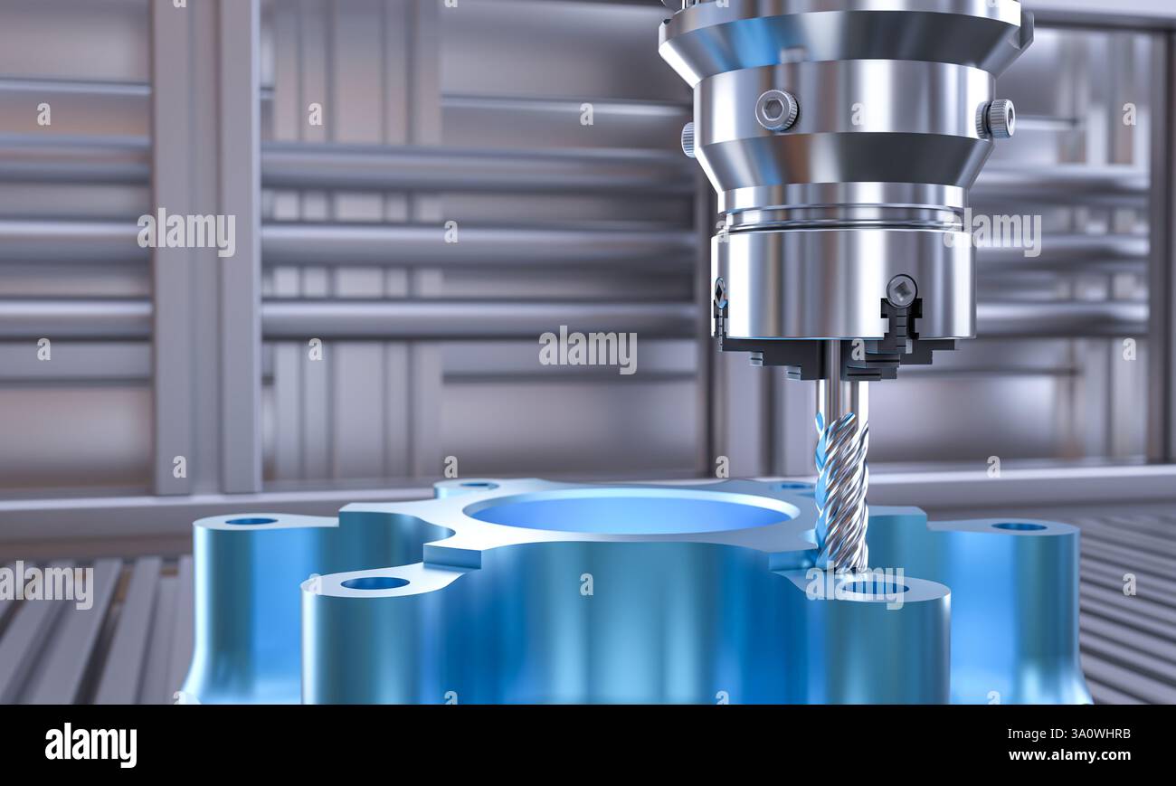 CNC-Fräsmaschine machen Metallgetriebe industrielle Fabrik 3D Hintergrund Stockfoto CNC-Fräsmaschine machen Metallgetriebe industrielle Fabrik 3D Hintergrund Stockfoto