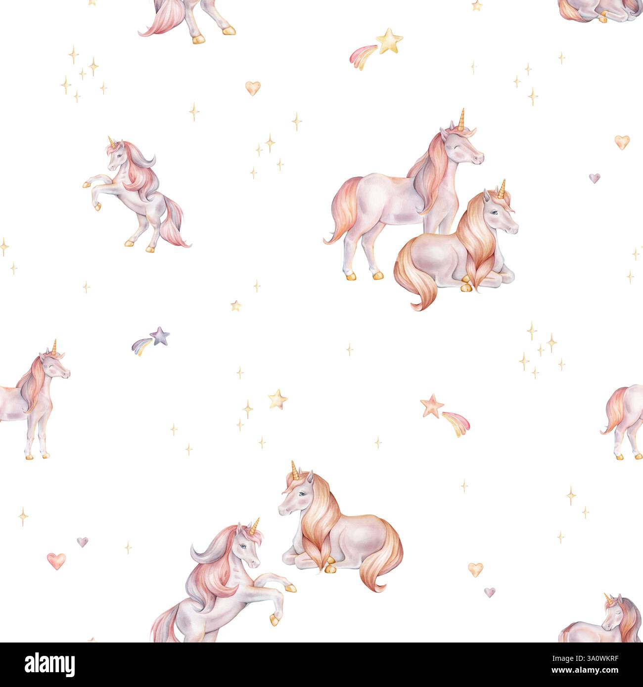 Nahtloses Aquarellmuster mit Einhorn und mehrfarbigen Sternen. Handgezeichnete Illustrationen des Hintergrunds für Kinderzimmer-Tapeten, Babydekor, Textilien Stockfoto