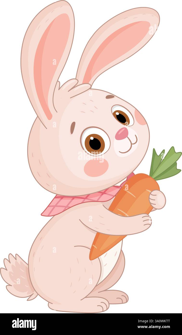 Der süße Osterhase umarmt große Karotten. Handgezeichnetes trendiges, flaches Design, isoliertes Symbol. Hase oder Hase mit reifer und saftiger Karotte, Frühlingsfestlichkeit mit Tierfestlichkeit. Vektorabbildung Stock Vektor