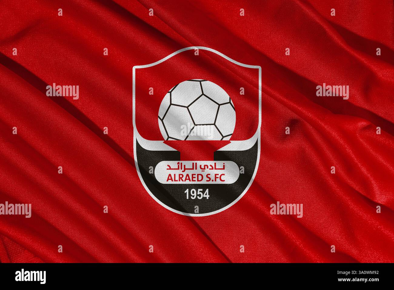 Pringsewu, lampung; 6. März 2025; selektive Focus-Logo-Flagge des Fußballvereins Al Read, Arabian League. 3D-Abbildung Stockfoto