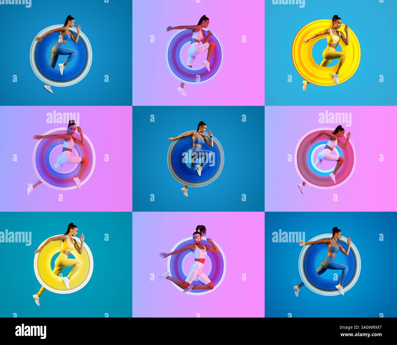 Dynamische Collage sportlicher Individuen, die sich sportlich betätigen Stockfoto