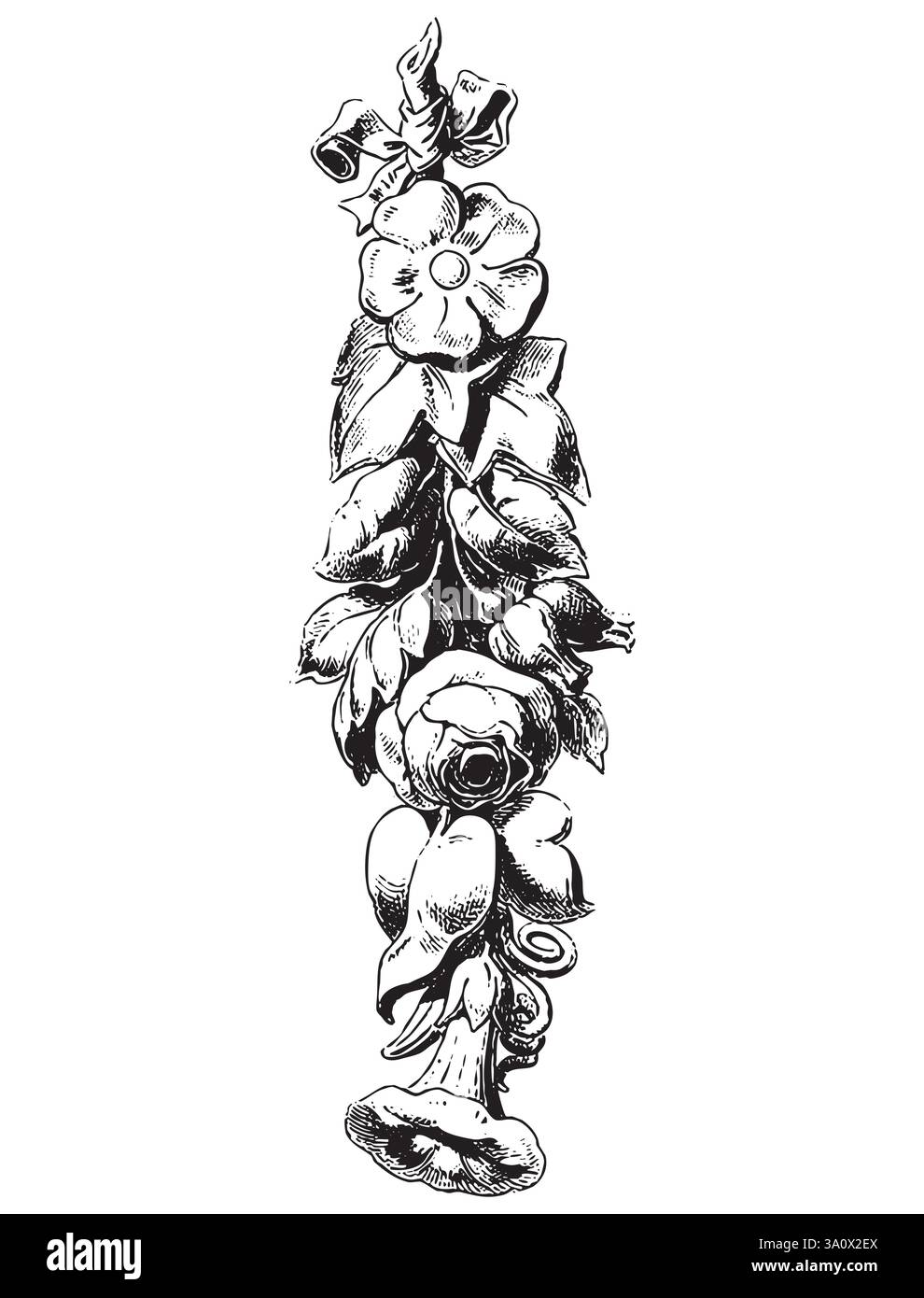 Vintage Gravur Stil Vektor Illustration von Strauß von Blumen und Blättern Stock Vektor